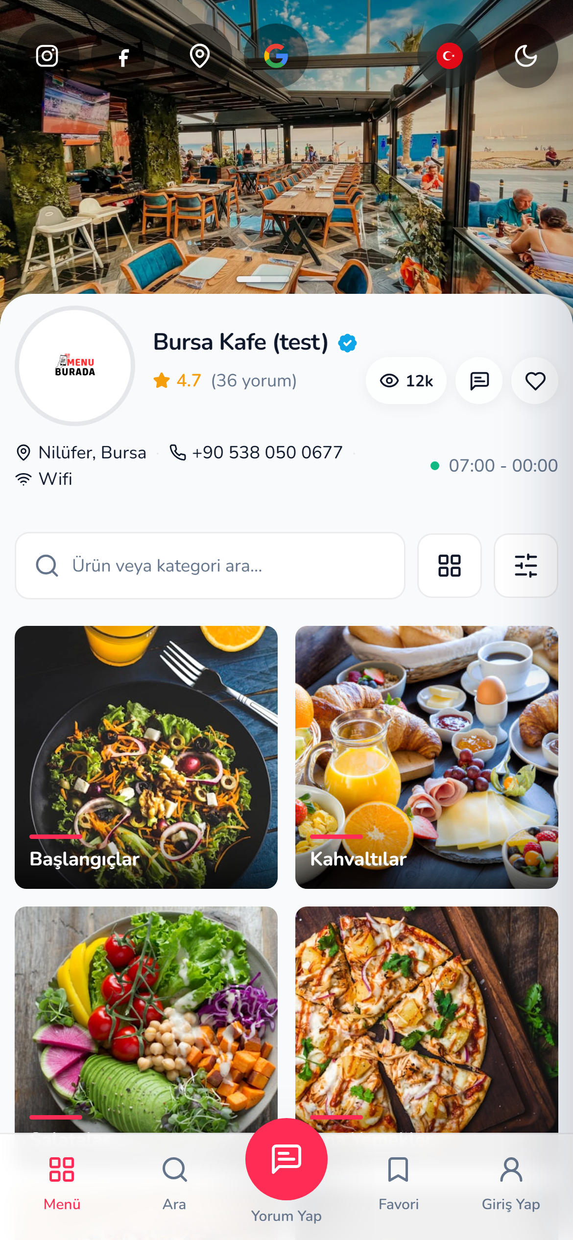 Bursa Kafe QR menü ana ekranı