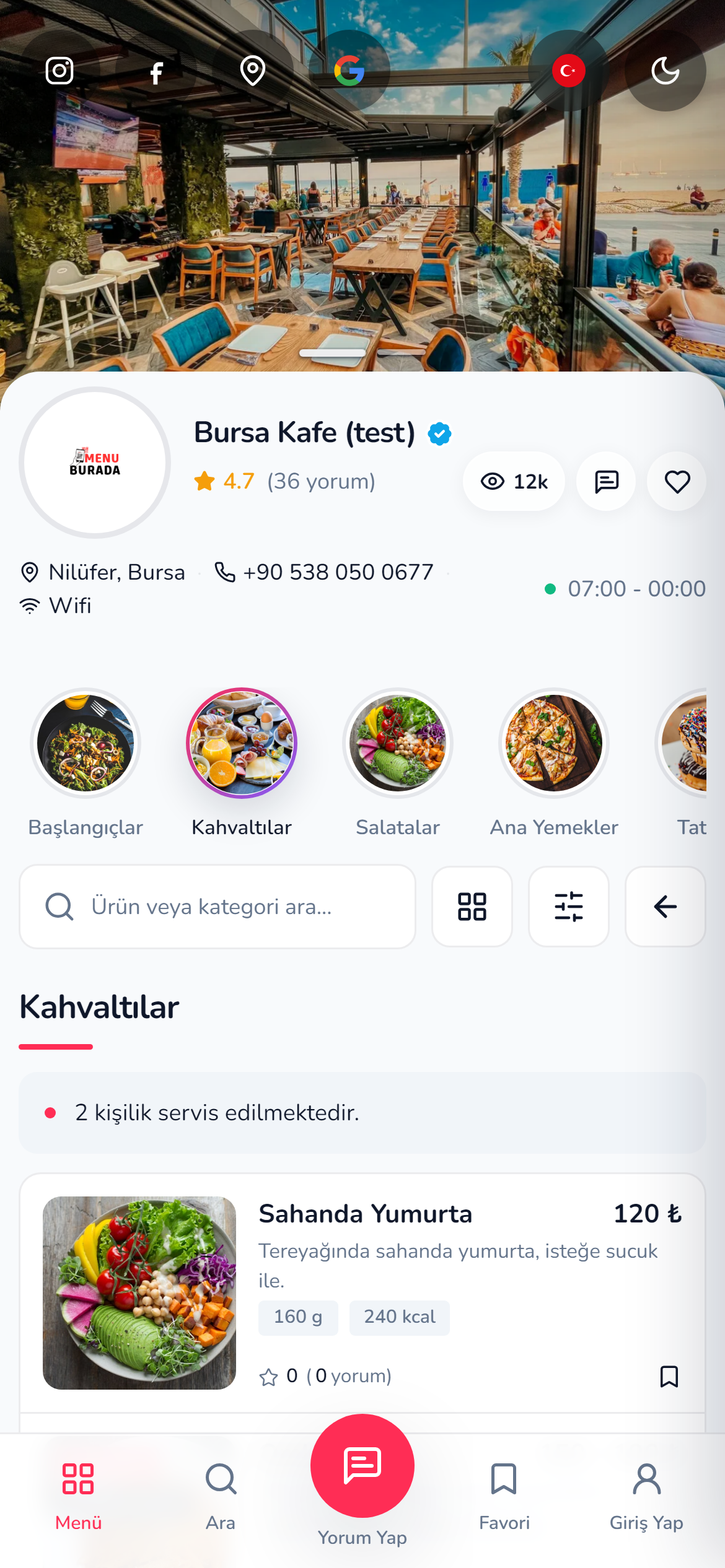 Kahvaltılar ürün listesi