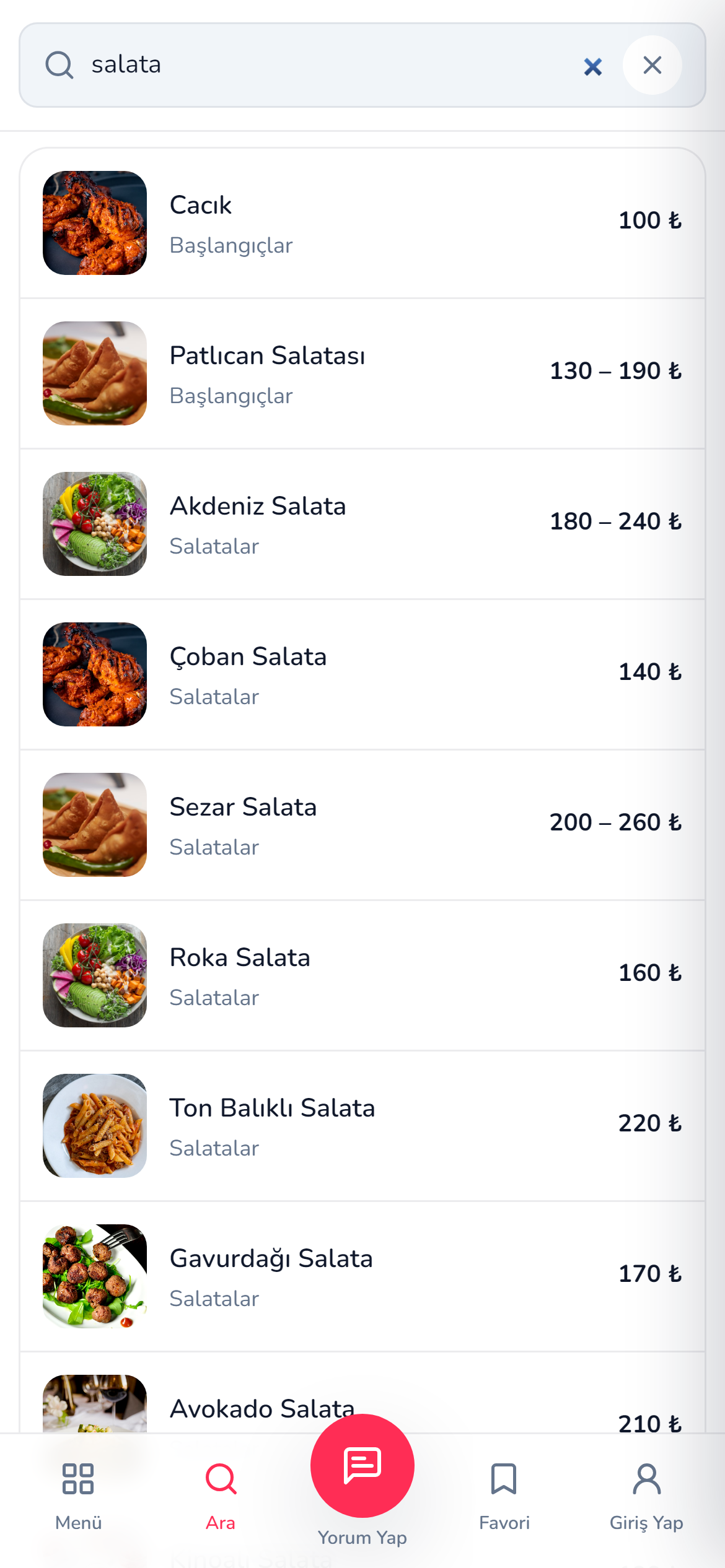 Menü arama sonuçları
