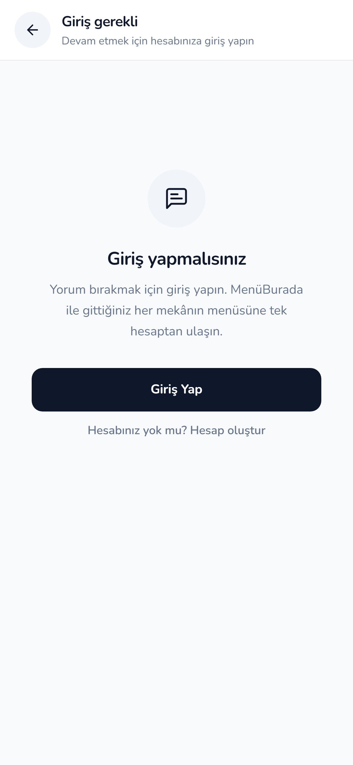 Yorum için giriş ekranı